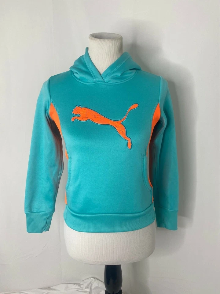 Sudadera con capucha mediana para niña Puma verde azulado y naranja logotipo grande estilo atlético para niños Foto 2 de 4