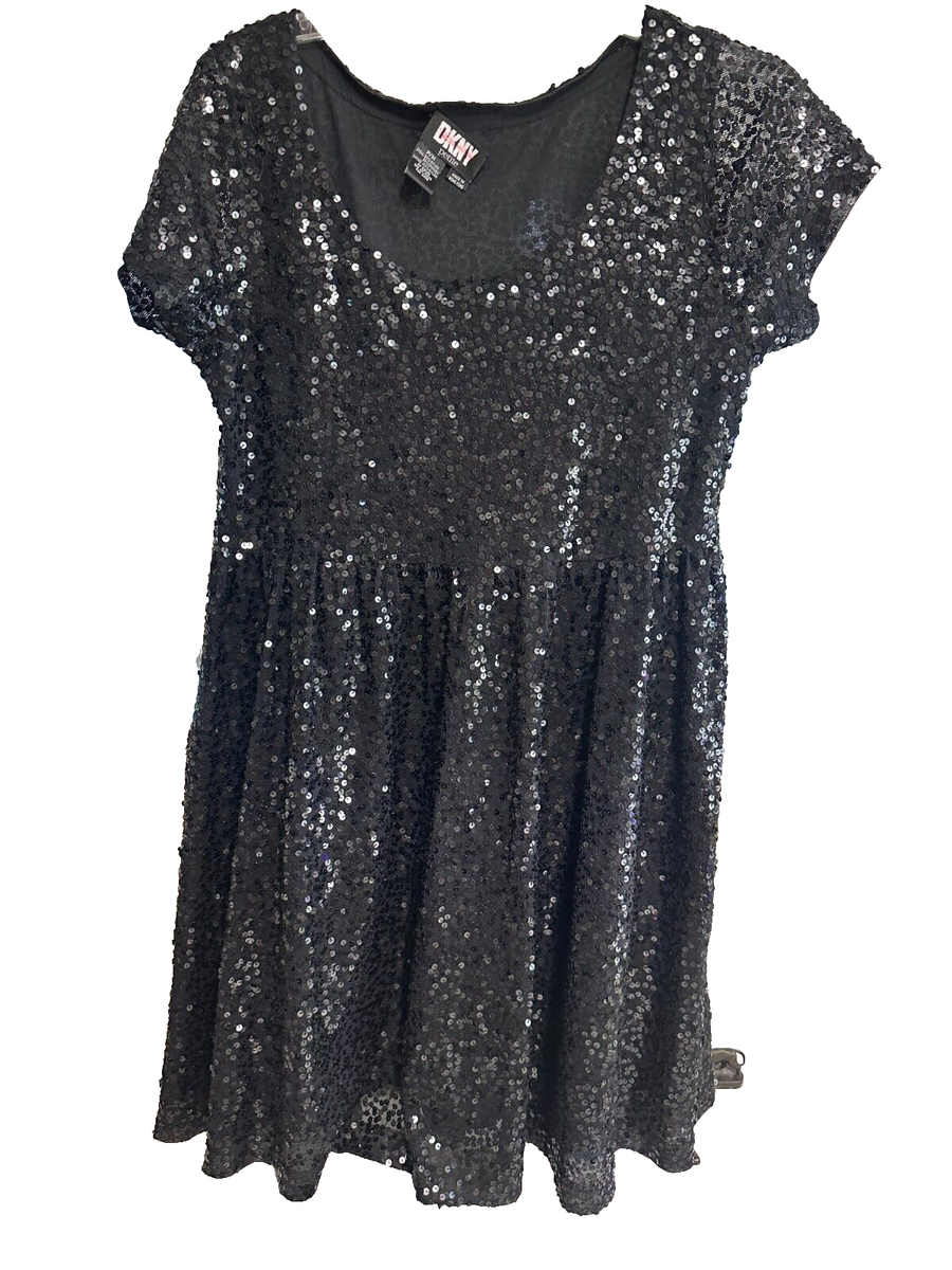dkny black sequin dress Donna Karan DKNY Black Sequin and Beaded Dress with Chiffon and Tulle, Small