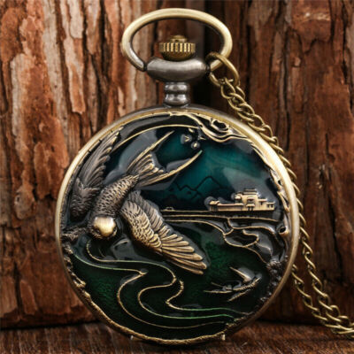 Bronze Flying Crane Design Unisex Arabic Number Quartz Pocket Watch Long Chain