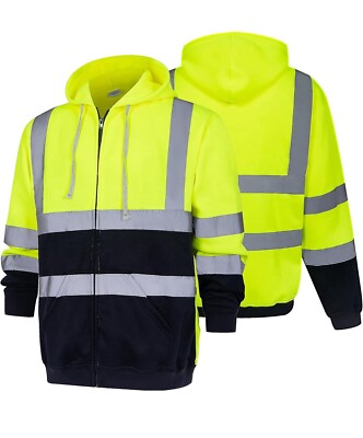4xl New Yellow Hi Viz Vis High Visibility Jacket Reflective Work Zip Hooded Coat
