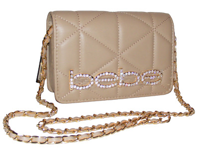 bebe Zaza Flap Crossbody Purse Small Beige & Golden Color Logo