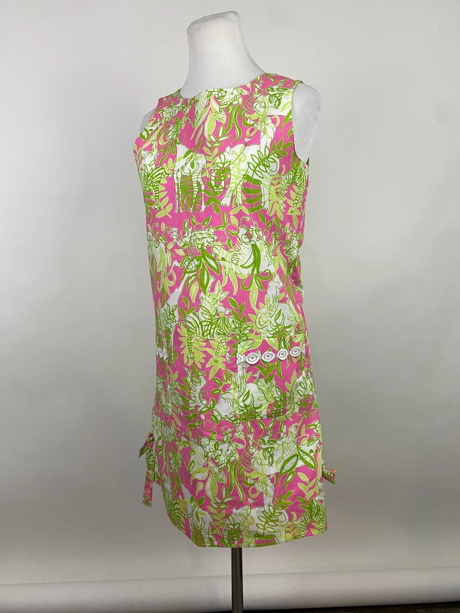 Lilly Pulitzer 4 Pink Green Animal Zebra Elephant Monkey Sleeveless Shift Dress