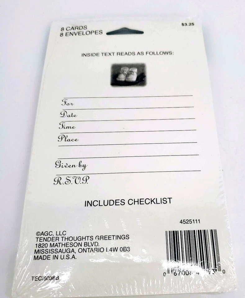 Tender Thoughts Invitaciones de Baby Shower Paquete de 1 Zapatos de Bebé 8 Tarjetas y Sobres NUEVO Foto 4 de 4