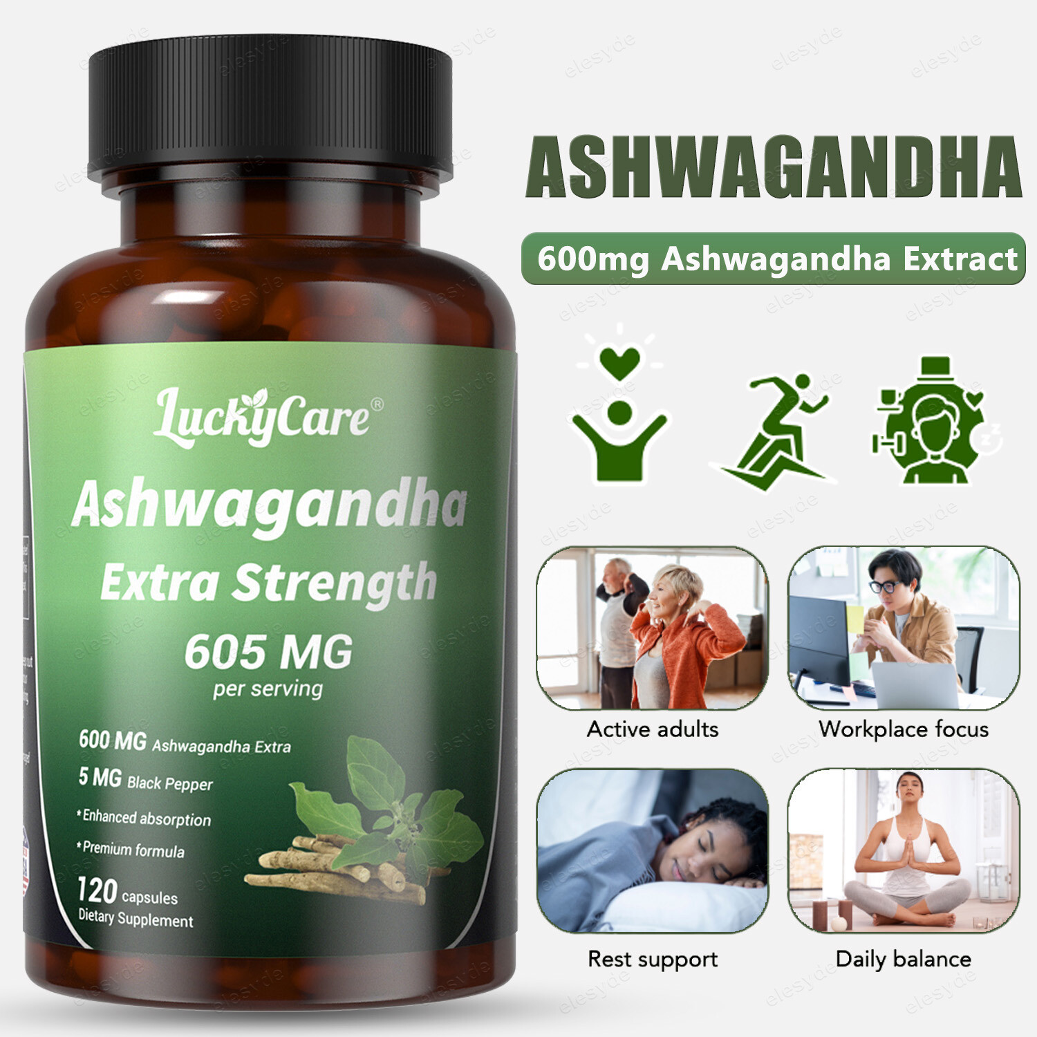 Ashwagandha Capsules 600mg Supplement w/Black Pepper Powder-Calm & Relax Support