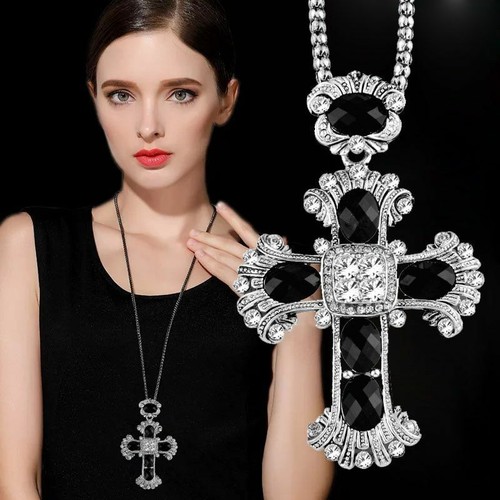 Women Long Necklace Big Cross Pendant 