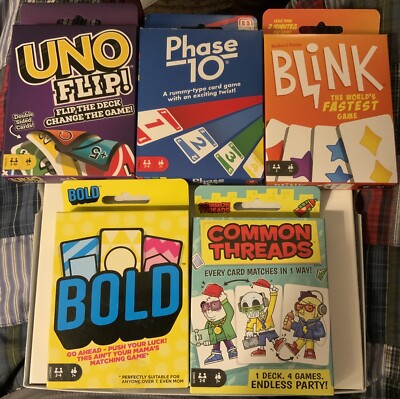 Five Card Game Lot - Uno, Phase 10, Bold, Blink, Common Threads - Mix Used/New