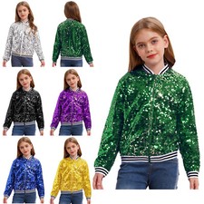 Kids Girls Sparkly Sequin Bomber Jackets Front Zip Up Shiny Hip Hop Disco UK