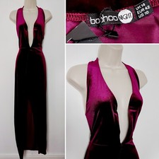 Boohoo Purple Velvet Plunge Halterneck Side Split Backless Dress Size 14 BNWT