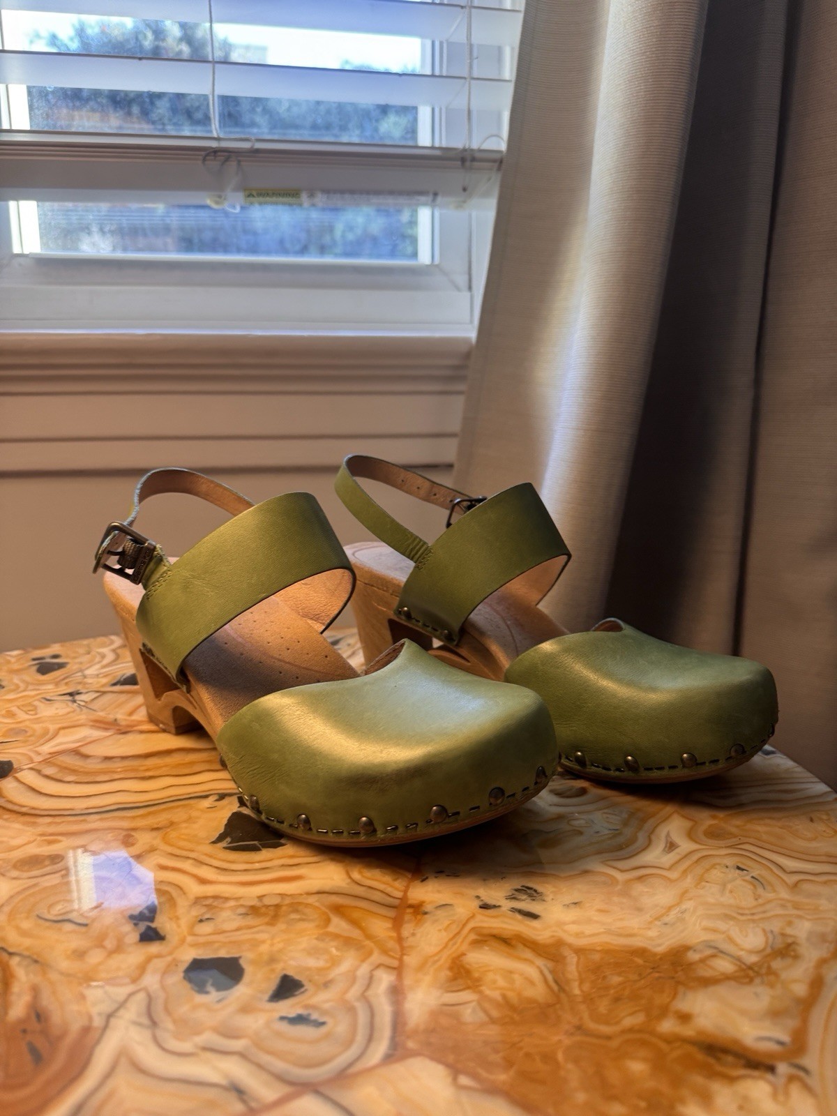 Dansko Thea Women's Sandals Size 39 US 8 Green Clogs with Mary Jane Heels