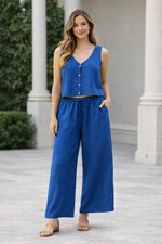 Women Blue Sleeveless Button Crop Top  Wide Leg Pants Set Drawstring L