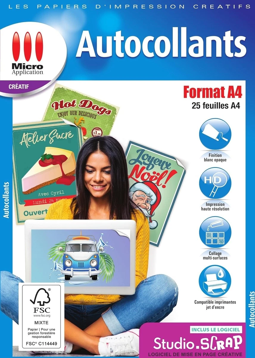 Papier autocollant A4 Micro Application 25 feuilles adhésif blanc mat imprimable