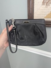 Vtg Coach Soho Wristlet Bag Pleated Black Leather Purple Lining Clutch Pouch EUC