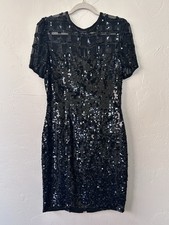 Vintage Black Sequin A.J. Bari Cocktail Dress Silk Fully Lined Zippered Size 10
