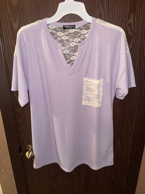 HEIMISH U.S.A. Lavender Lace Knit Split Neck Short Sleeve Blouse Size S