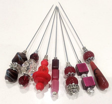 Vintage Bead Hat Pins x 7  Red Burgundy Silver Diamante...  5" made in UK