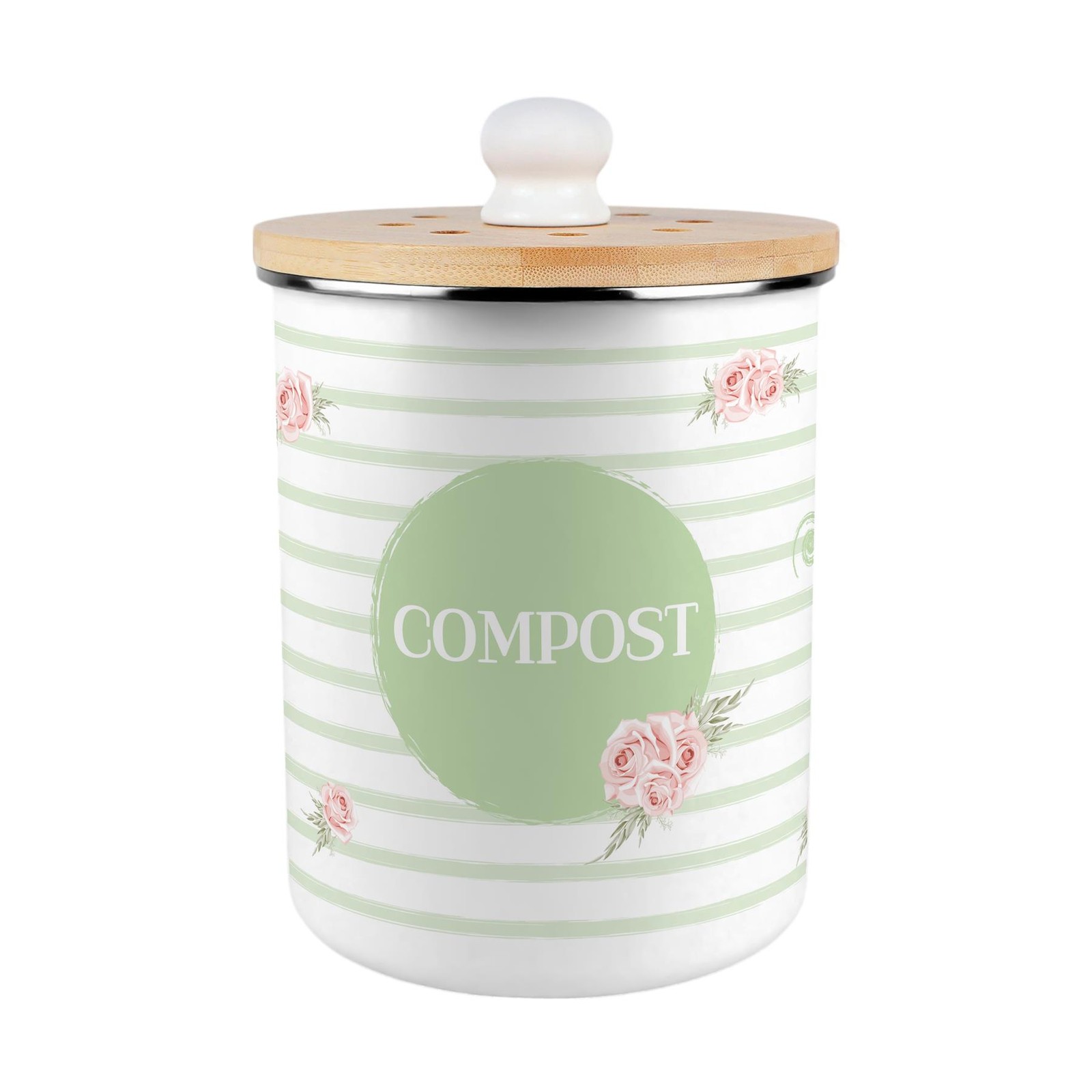 Roses, Swirls & Stripes Compost Caddy - Enamel 2L Kitchen Food Waste Bin Gift