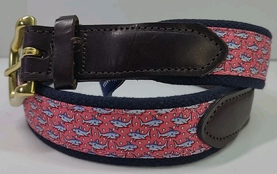 #ad Vineyard Vines Shark Belt Pink Blue Brown Size 30 Solid Brass Buckle $14.99