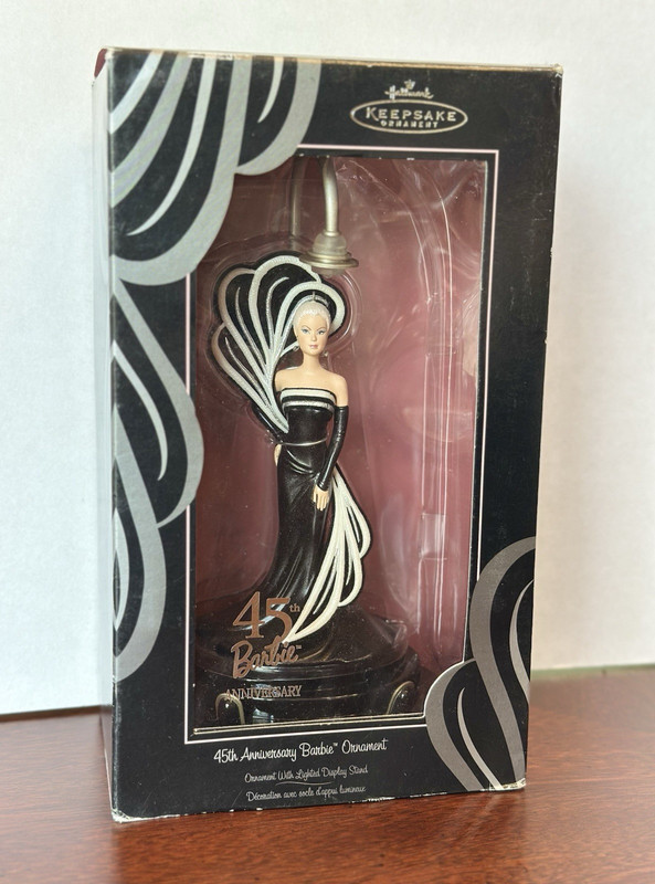 Hallmark Keepsake 45th Anniversary Barbie Ornament Black & White Lighted Stand