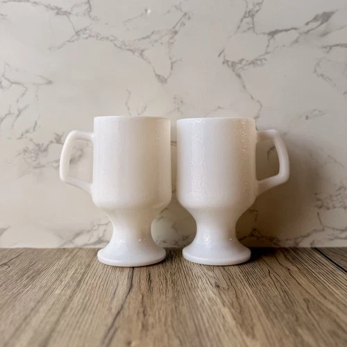 Vintage Hazel Atlas Textured Milk Glass Pedestal Mug Coffee Cup Set Of 2