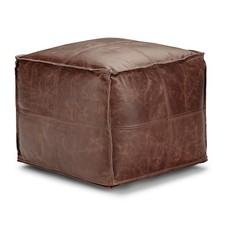 SIMPLIHOME Brody 18" Wide Genuine Leather Square Pouf in Distressed Brown