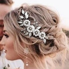 Bride Wedding Hair Comb Silver Flower Leaf Bridal Hair Piece Crystal Hair Acc