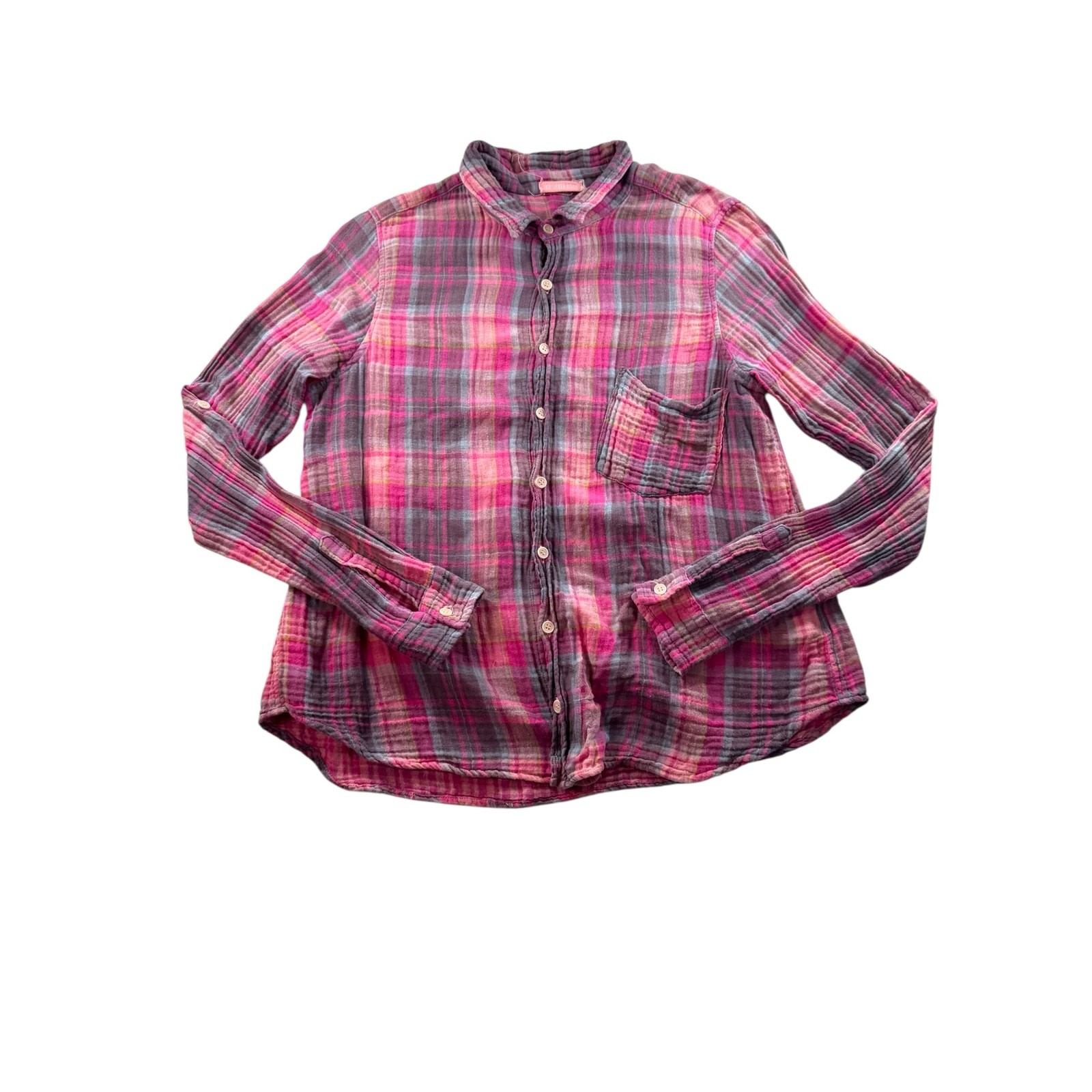 CP Shades Long Sleeve Button Up Size M Pink Plaid Gauzy Cotton Boho