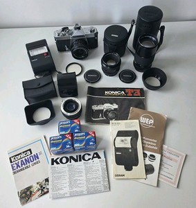 Konica Autoreflex T3 Camera Konica 28mm, 50mm & 135mm, Osram Flash & Accessories