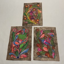 Lot Of 3 Vintage Mexican Folk Art Bark Acrylic Painting Colors Birds Flowers
