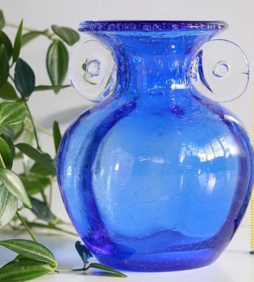 Amici Orecchio 5” Cobalt Blue Art Glass Vase, Bubble Design, Clear Handles, NIB