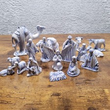 Ceramic Blue Washed Glazed Nativity Set 17 pcs Christmas Manger *chips/crazing