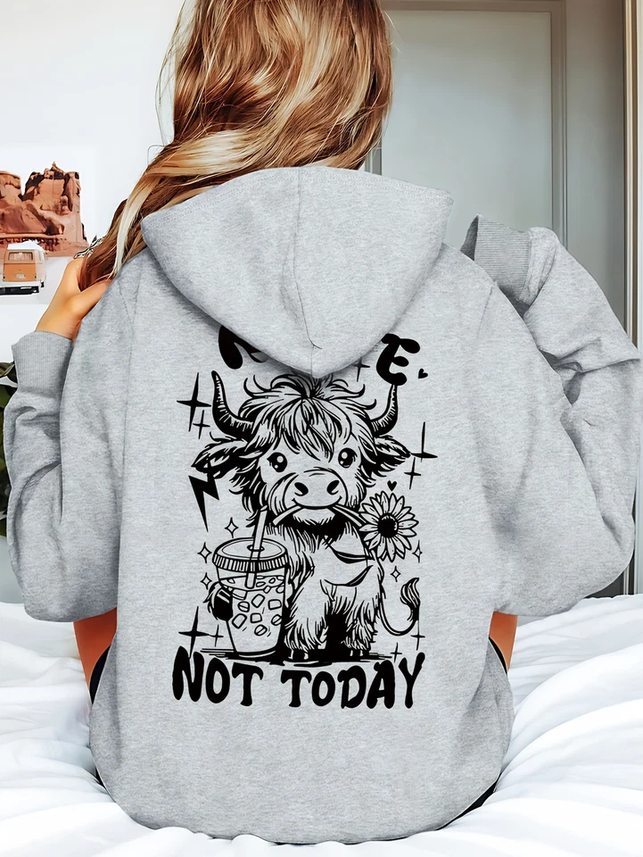 Women'S Casual Polyester Hoodie with Cartoon Cow Double-Sided Print, Hooded - Image 2 of 4