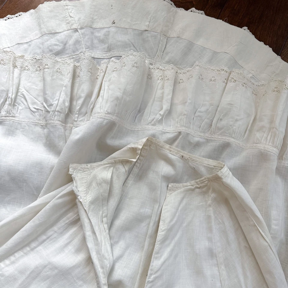 Antique Edwardian French Lace Embroidery White Cotton & Linen 1910s Skirt - Image 4 of 4