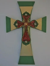  3 LAYER CROSS, GREEN & GOLD PAINTED WOOD W/ DECORATED CROSS ON TOP -  8"X5' NEW