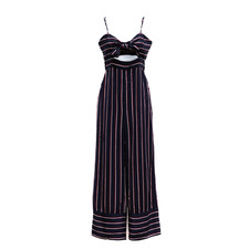 Bardot Lulu Wide Leg Jumpsuit Womens XS Blue Striped Cutout Tie Front Open Back