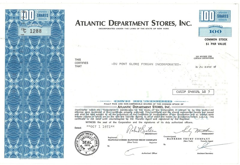 Atlantic Department Stores Stock Certificate