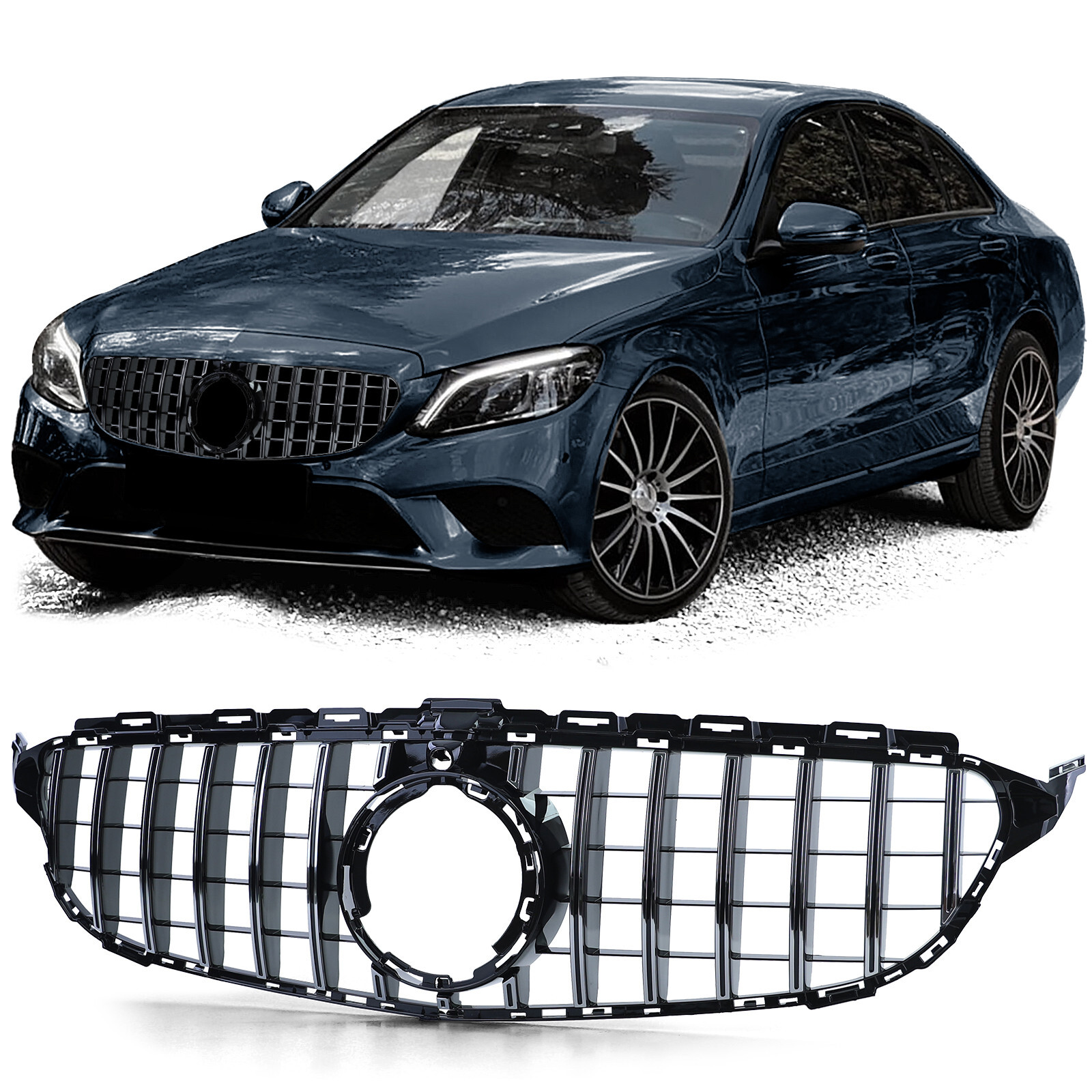 Calandre look GT chrome noir à barrettes verticales pour Mercedes C W205 2018+