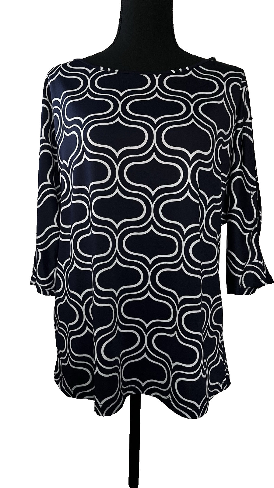Perceptions Navy Graphic Cold Shoulder Blouse Pet… - image 2