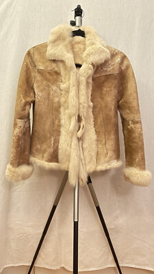 Women's Rabbit Fur Jacket Natural Beige Cream Tan Small with pelt ties