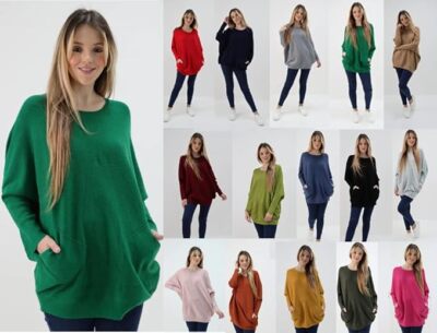 Italienischer Strickpullover Oversize Fledermaus geflochten hinten Damen Oberteil