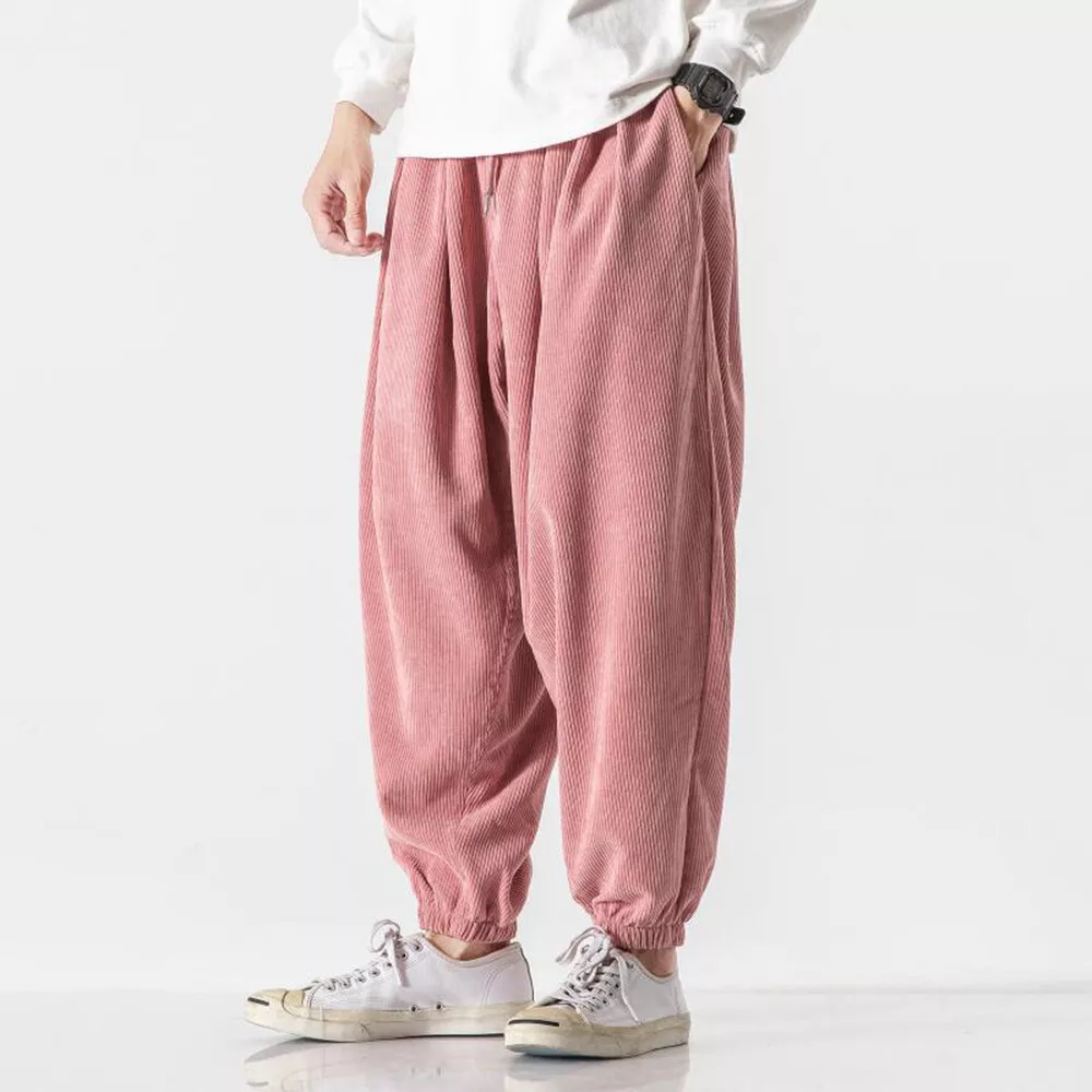 Mens Corduroy Loose Baggy Elastic Waist Long Pants Joggers Cord