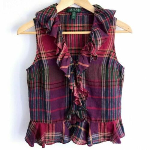 LAUREN By RALPH LAUREN Iona Linen Plaid Ruffle Top Button Front Peplum $89 PS