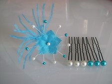 Pics Accessoire Cheveux Chignon Mariée/Mariage Bleu Turquoise/Ecru fleur perle