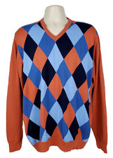 Lyle  Scott Men XL Burnt Orange  Blues Argyle Combed Cotton V-Neck L/S Sweater