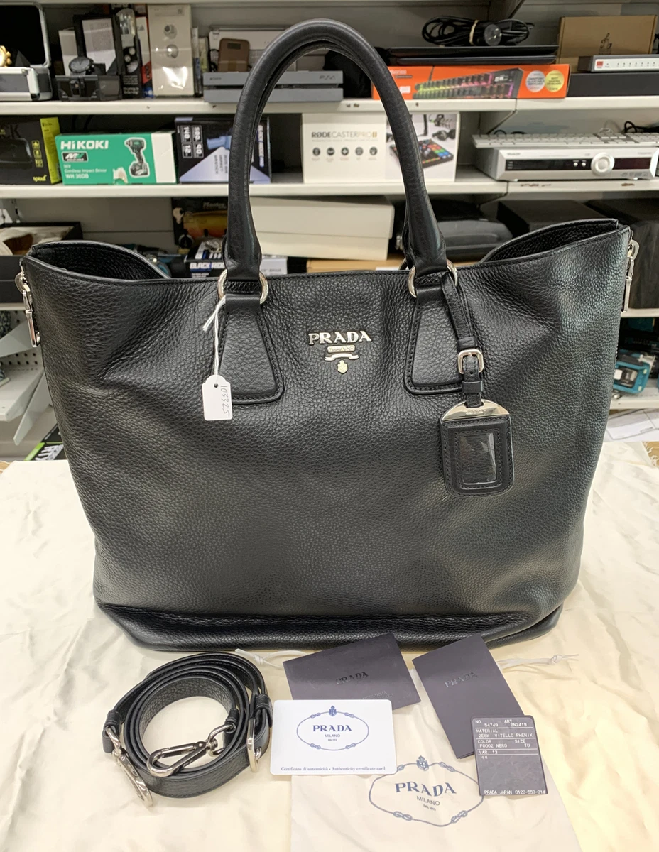 PRADA Vitello Phenix Silver Zippy Shopping Bag Nero