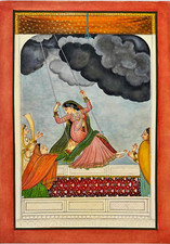 Dipinto in miniatura indiano Maharani che oscilla su Jhula fatto a mano su carta arte da parete