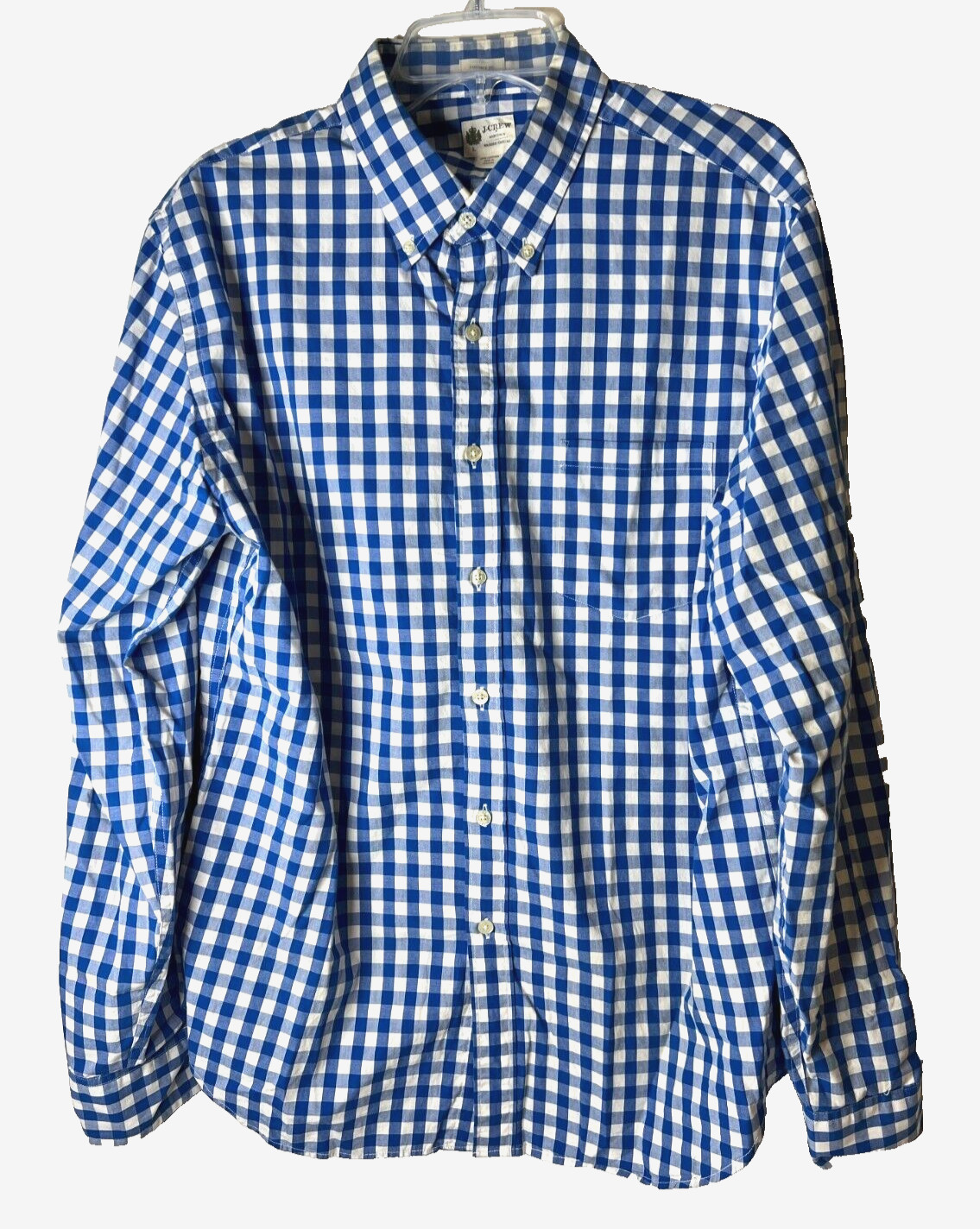 J Crew Men's Large Tailored Fit Washed Casual Shirt Navy Blue Check Pocket L/S