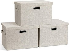 Large 3 Pack Storage Bins with Lids Stackable Foldable Beige Organizers
