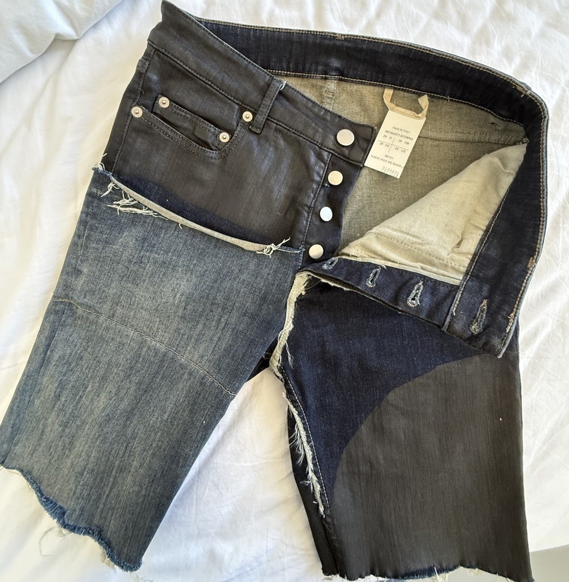 Rick Owens Babel SS19 Denim Combo Shorts Black Wax Patchwork Italy