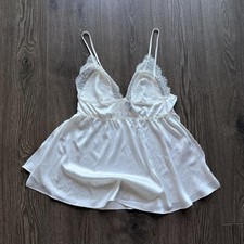 Y2K Satin Babydoll Gown Victoria's Secret Womens Medium White Lace Trim Lingerie