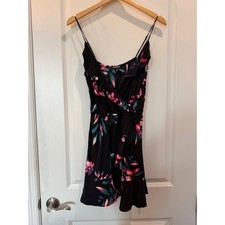 Express Floral Ruffle Wrap Mini Dress Black Pink Teal Tropical Summer Womens M